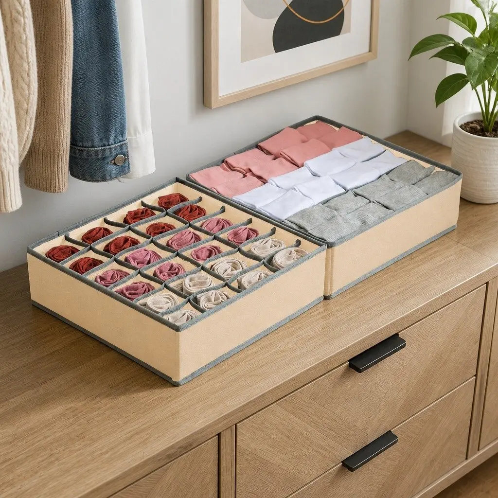 Fabric Drawer Organizer Storage Boxes Set of 4 Foldable Beige 64 x 10 x 6 cm