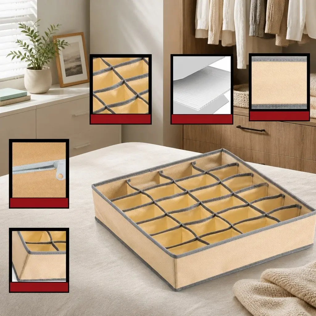 Fabric Drawer Organizer Storage Boxes Set of 4 Foldable Beige 64 x 10 x 6 cm