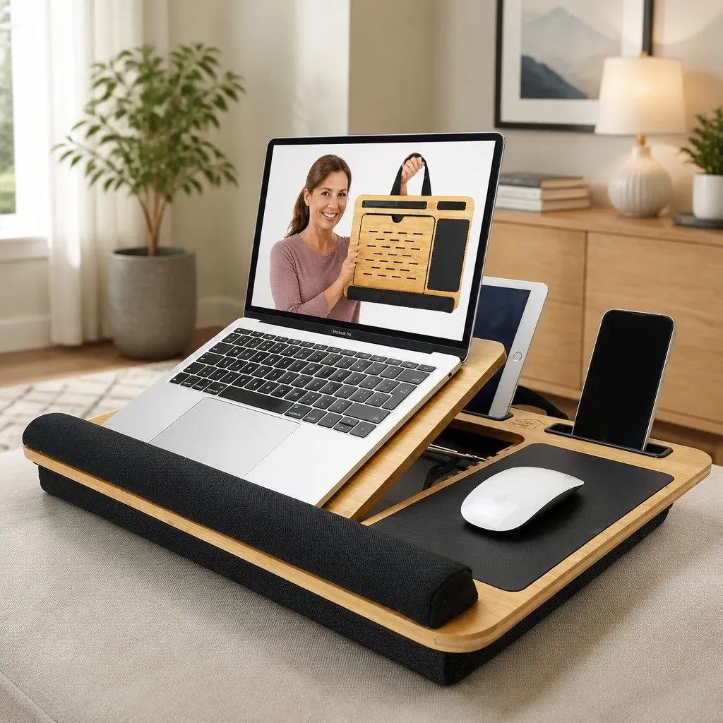Bamboo Laptop Lap Desk Adjustable Angle Cushion Pad for Office Home Bed Sofa