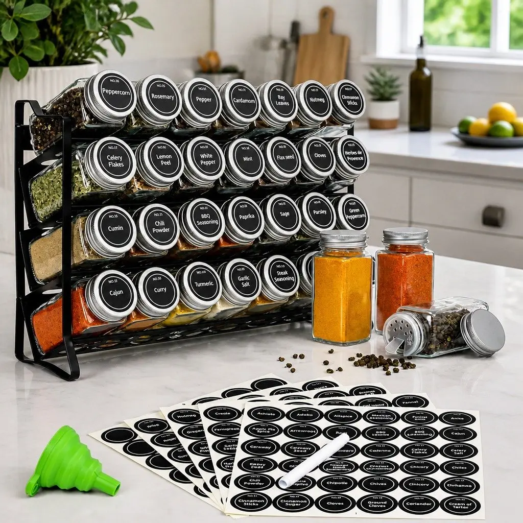 4-Tier Spice Rack Organiser with 28 Glass Jars and Labels for Compact Kitchen Storage