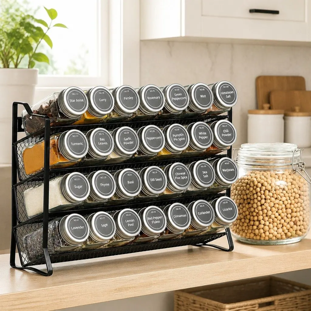 4-Tier Spice Rack Organiser with 28 Glass Jars and Labels for Compact Kitchen Storage