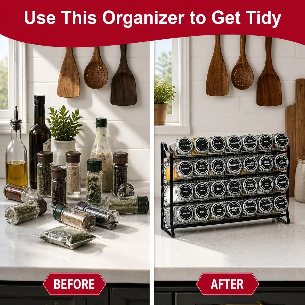 4-Tier Spice Rack Organiser with 28 Glass Jars and Labels for Compact Kitchen Storage