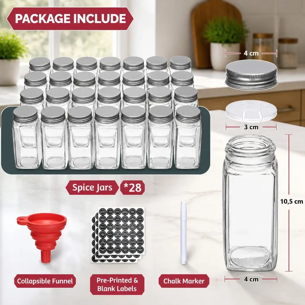 4-Tier Spice Rack Organiser with 28 Glass Jars and Labels for Compact Kitchen Storage
