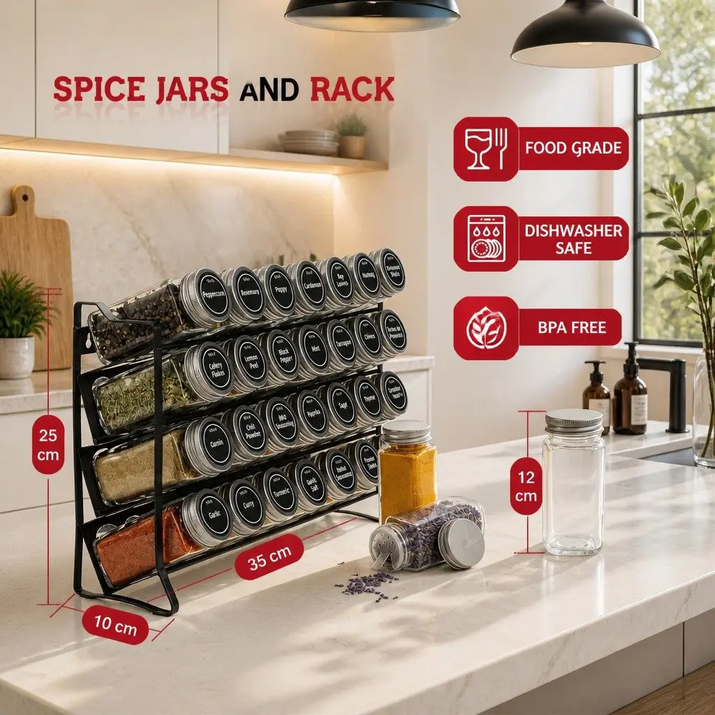 4-Tier Spice Rack Organiser with 28 Glass Jars and Labels for Compact Kitchen Storage