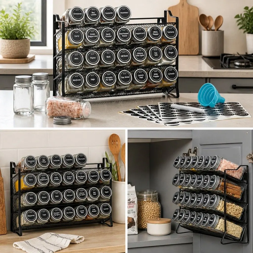 4-Tier Spice Rack Organiser with 28 Glass Jars and Labels for Compact Kitchen Storage