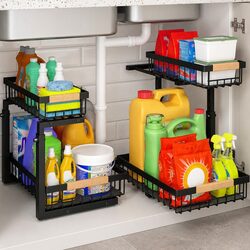 Under Sink Kitchen Organiser Storage 2-Tier Adjustable Height Sliding Baskets
