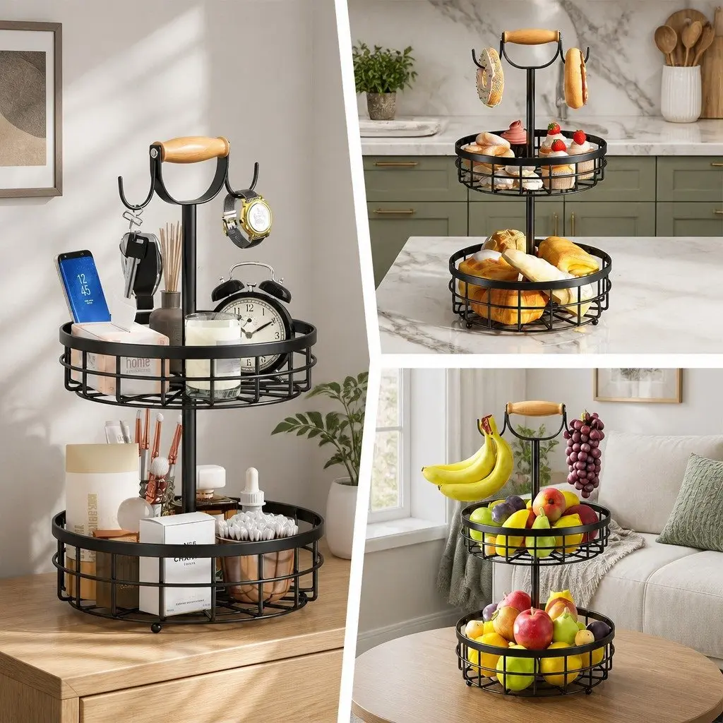 2-Tier Fruit Basket Bowl Storage with Wood Lift Handle Banana Tree Hanger