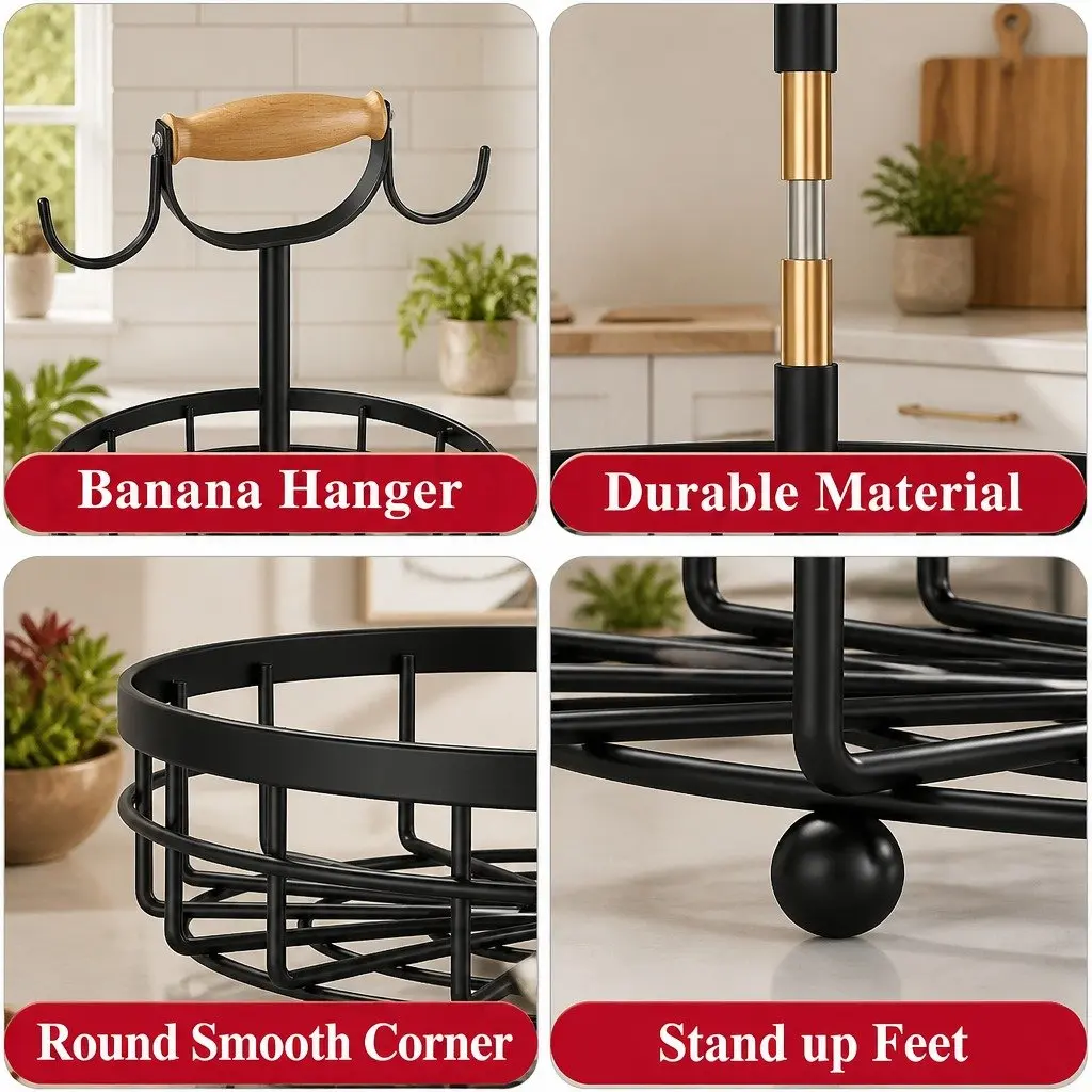 2-Tier Fruit Basket Bowl Storage with Wood Lift Handle Banana Tree Hanger