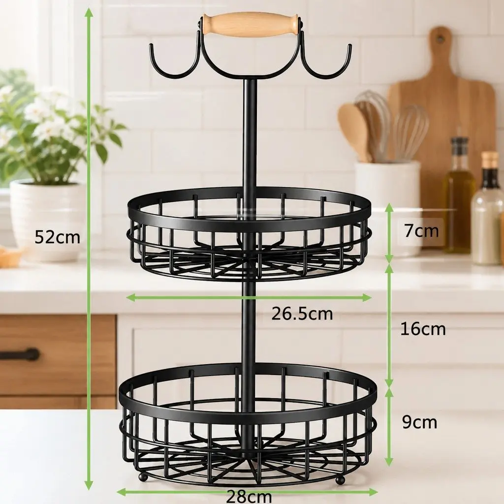 2-Tier Fruit Basket Bowl Storage with Wood Lift Handle Banana Tree Hanger