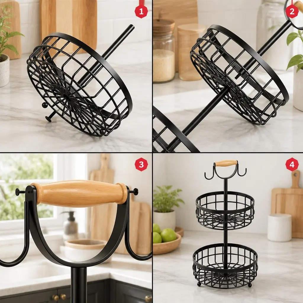2-Tier Fruit Basket Bowl Storage with Wood Lift Handle Banana Tree Hanger