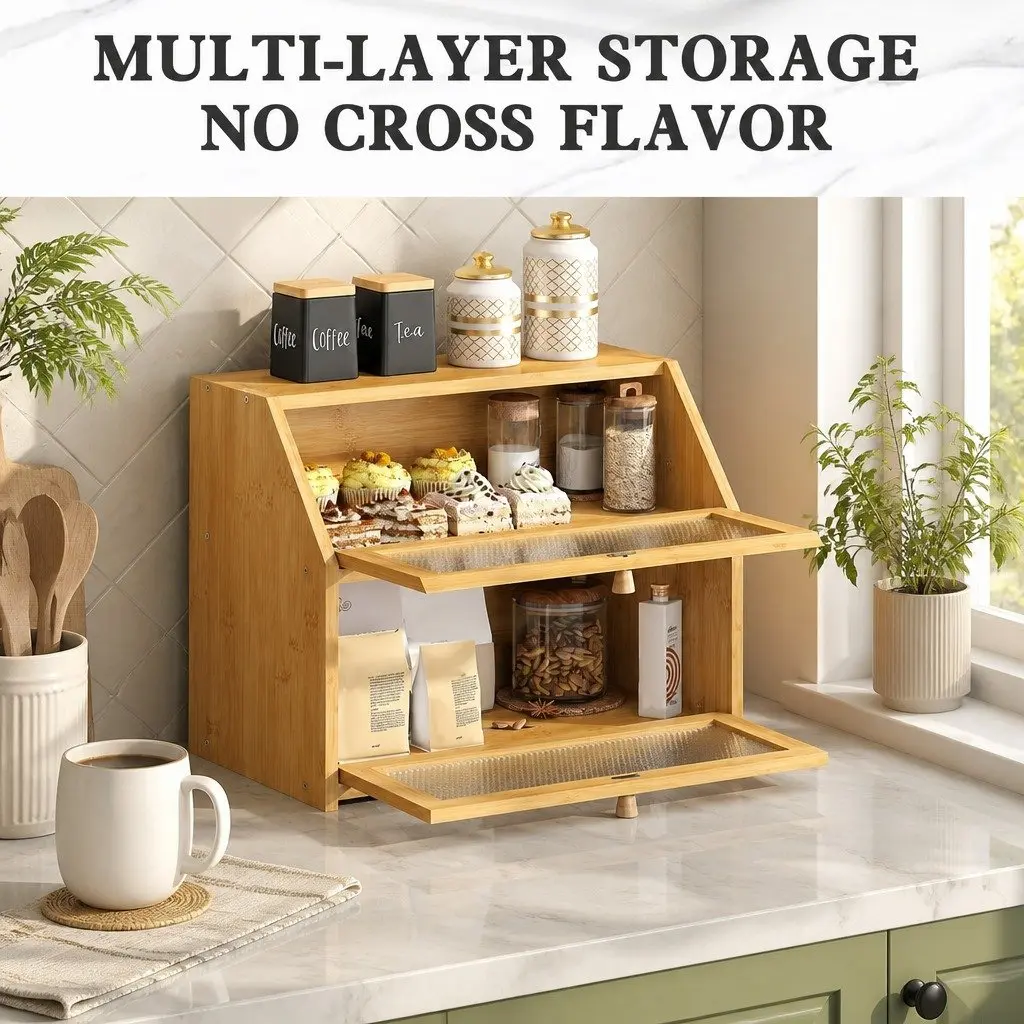 Double Layer Bamboo Bread Box Kitchen Counter Storage with Clear Window Large
