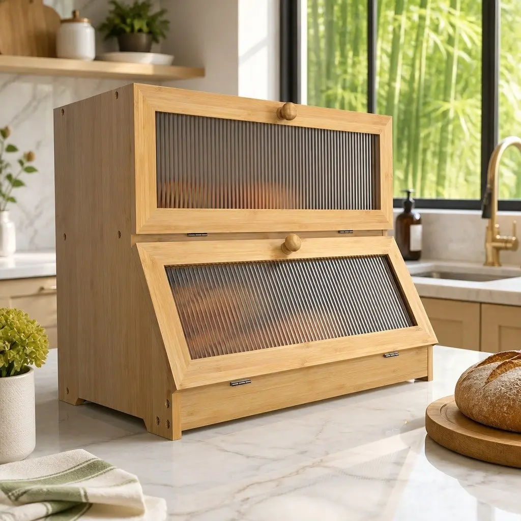 Double Layer Bamboo Bread Box Kitchen Counter Storage with Clear Window Large