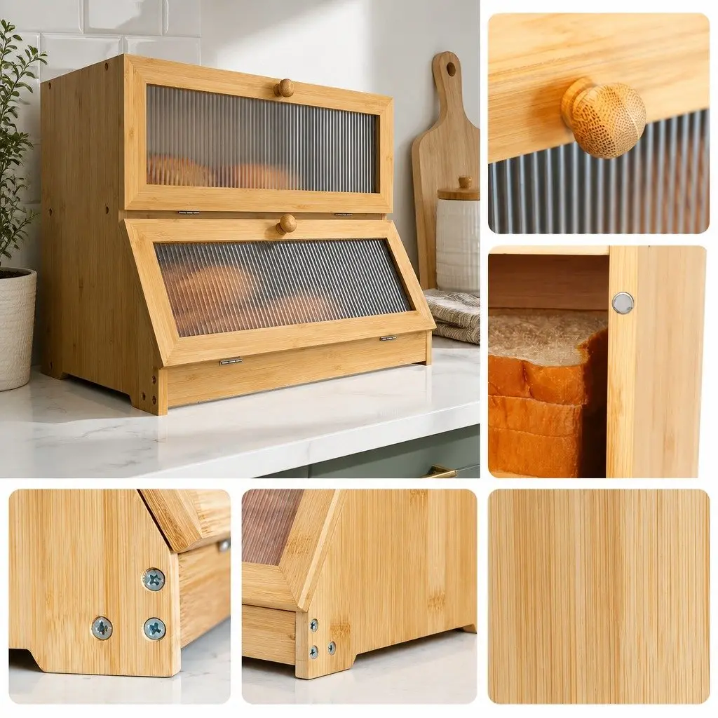 Double Layer Bamboo Bread Box Kitchen Counter Storage with Clear Window Large