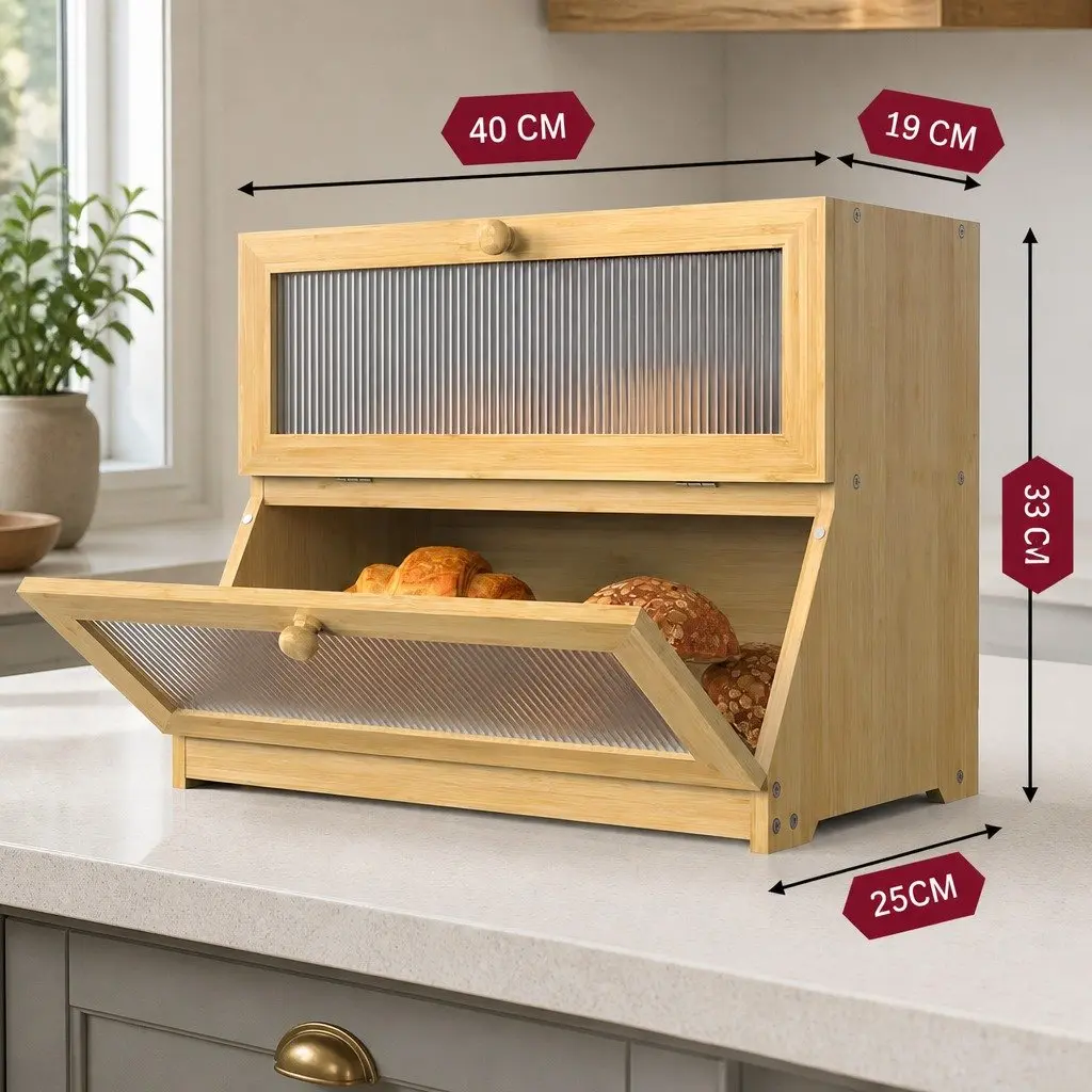 Double Layer Bamboo Bread Box Kitchen Counter Storage with Clear Window Large