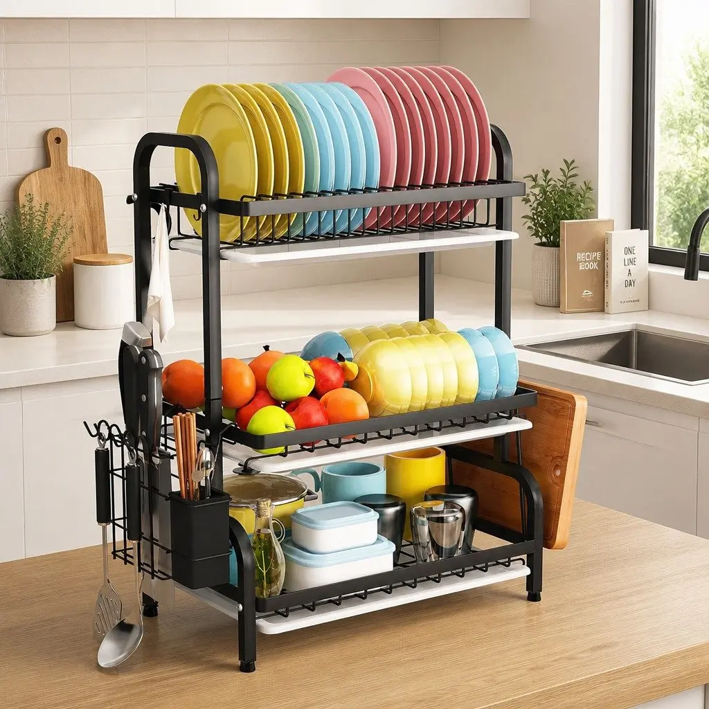 3 Tier Dish Drying Rack Kitchen Organizer Large Capacity for Utensils Cutting Boards