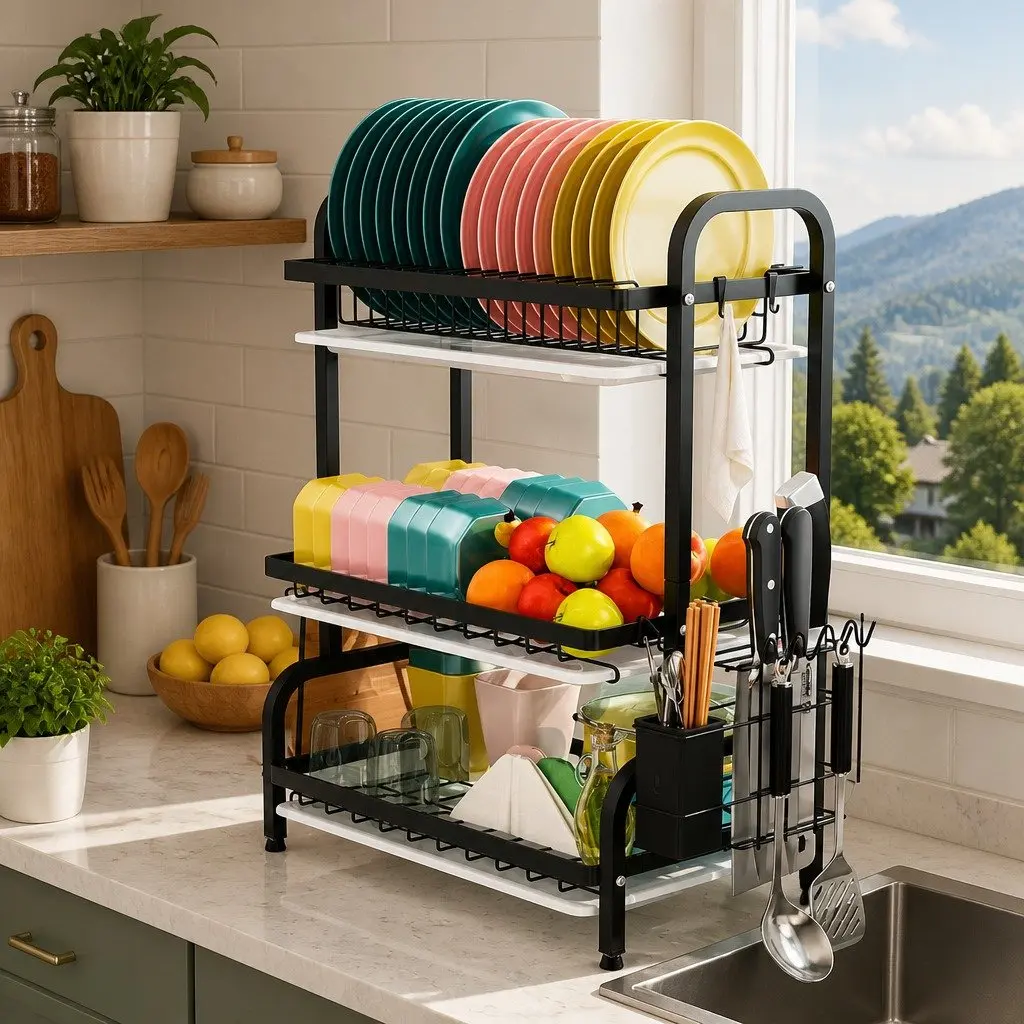 3 Tier Dish Drying Rack Kitchen Organizer Large Capacity for Utensils Cutting Boards