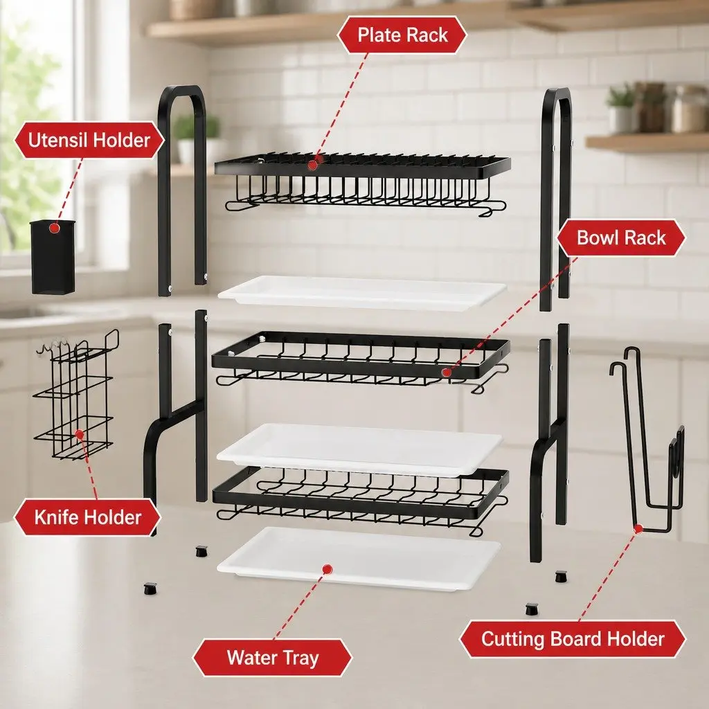 3 Tier Dish Drying Rack Kitchen Organizer Large Capacity for Utensils Cutting Boards