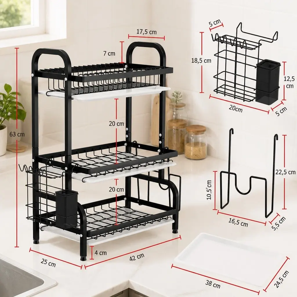 3 Tier Dish Drying Rack Kitchen Organizer Large Capacity for Utensils Cutting Boards