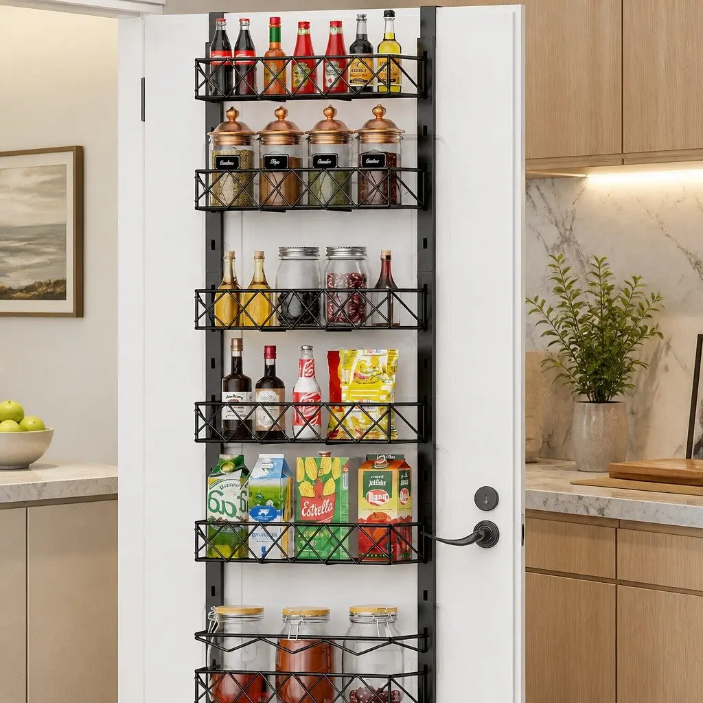 Over Door Pantry Organiser 6 Tier Adjustable Storage Baskets Black Metal 42cm x 13cm x 146cm