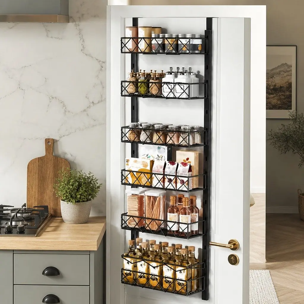 Over Door Pantry Organiser 6 Tier Adjustable Storage Baskets Black Metal 42cm x 13cm x 146cm