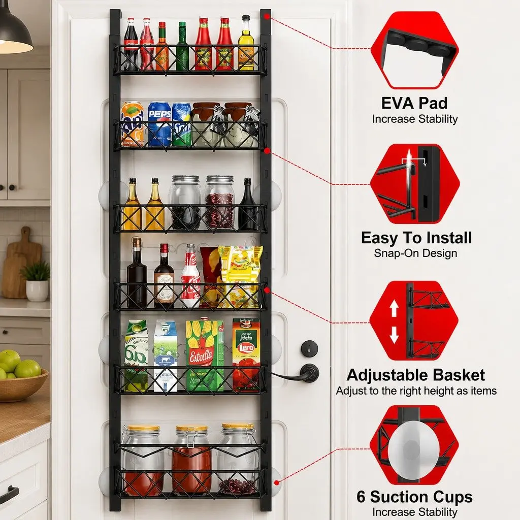 Over Door Pantry Organiser 6 Tier Adjustable Storage Baskets Black Metal 42cm x 13cm x 146cm