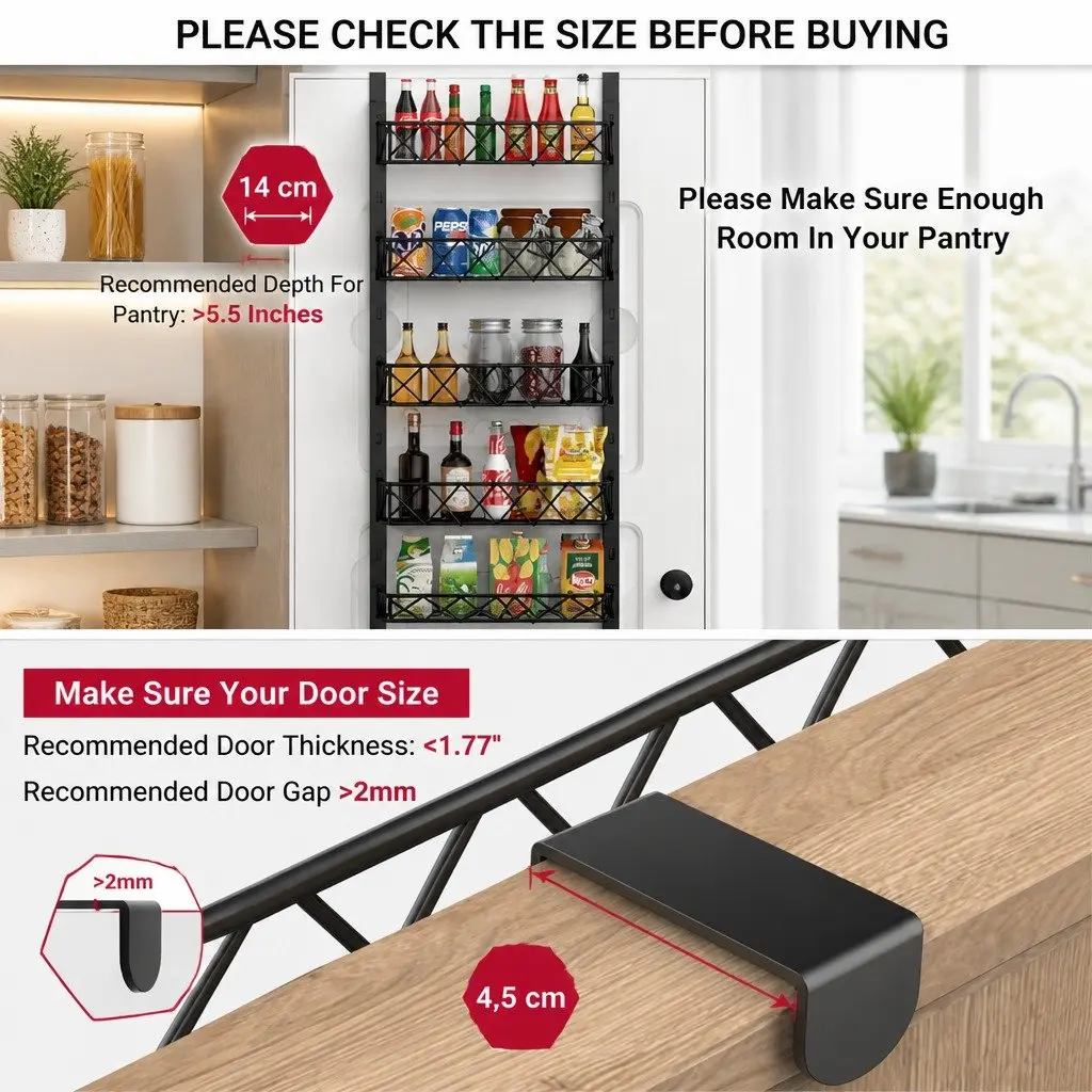 Over Door Pantry Organiser 6 Tier Adjustable Storage Baskets Black Metal 42cm x 13cm x 146cm
