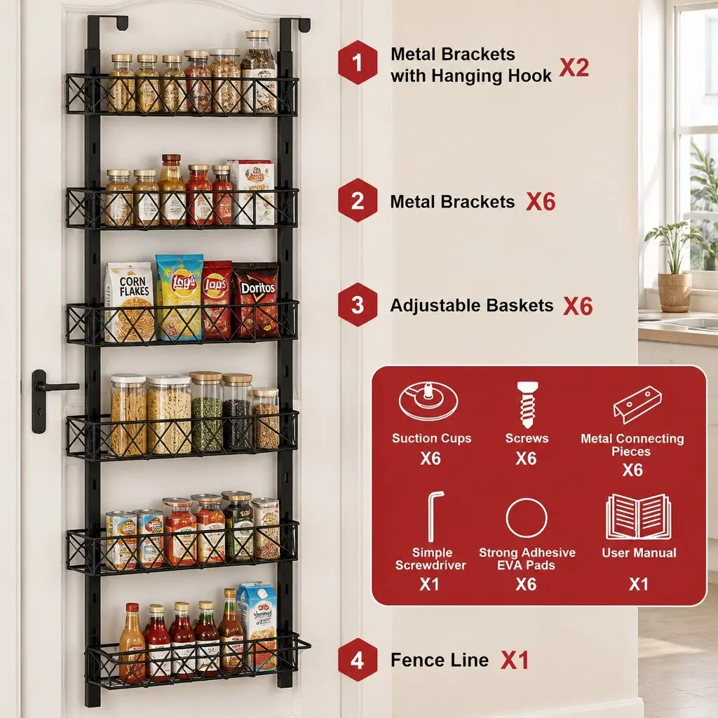Over Door Pantry Organiser 6 Tier Adjustable Storage Baskets Black Metal 42cm x 13cm x 146cm
