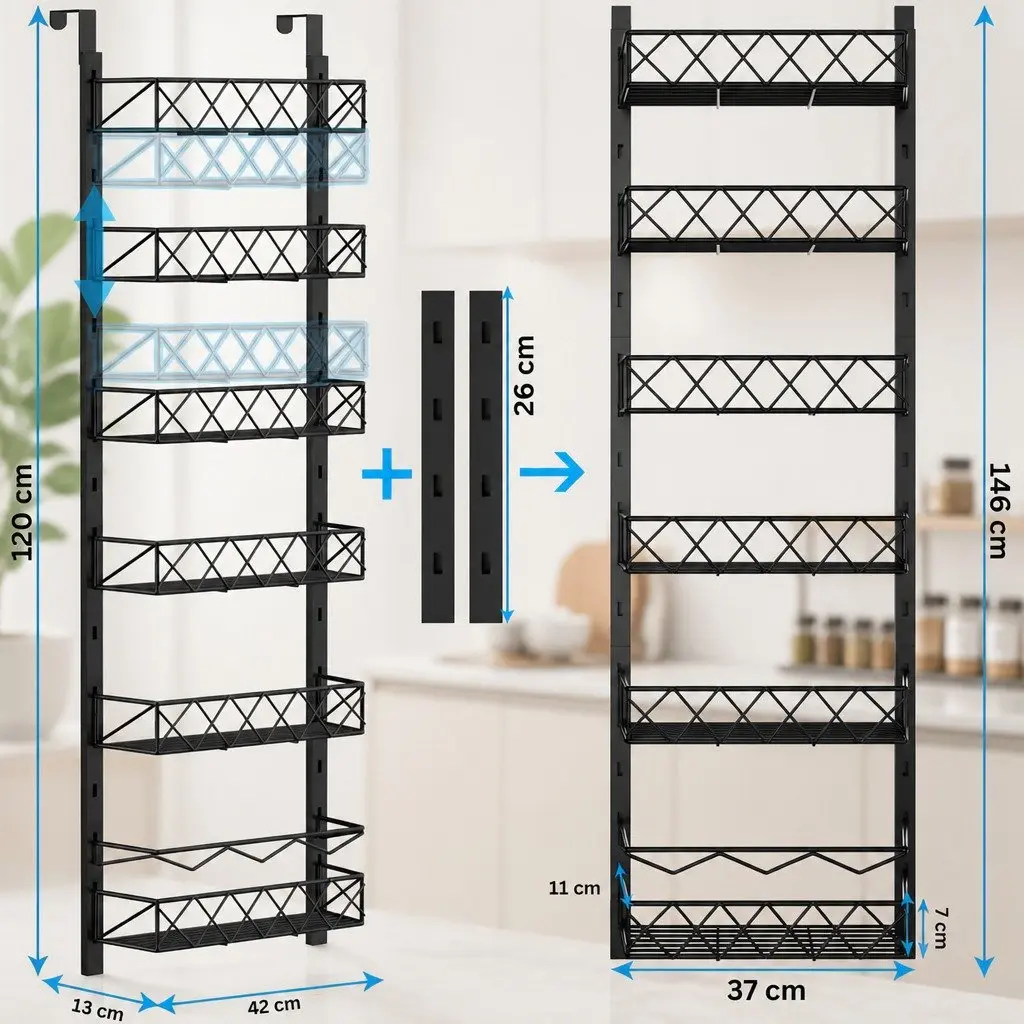 Over Door Pantry Organiser 6 Tier Adjustable Storage Baskets Black Metal 42cm x 13cm x 146cm