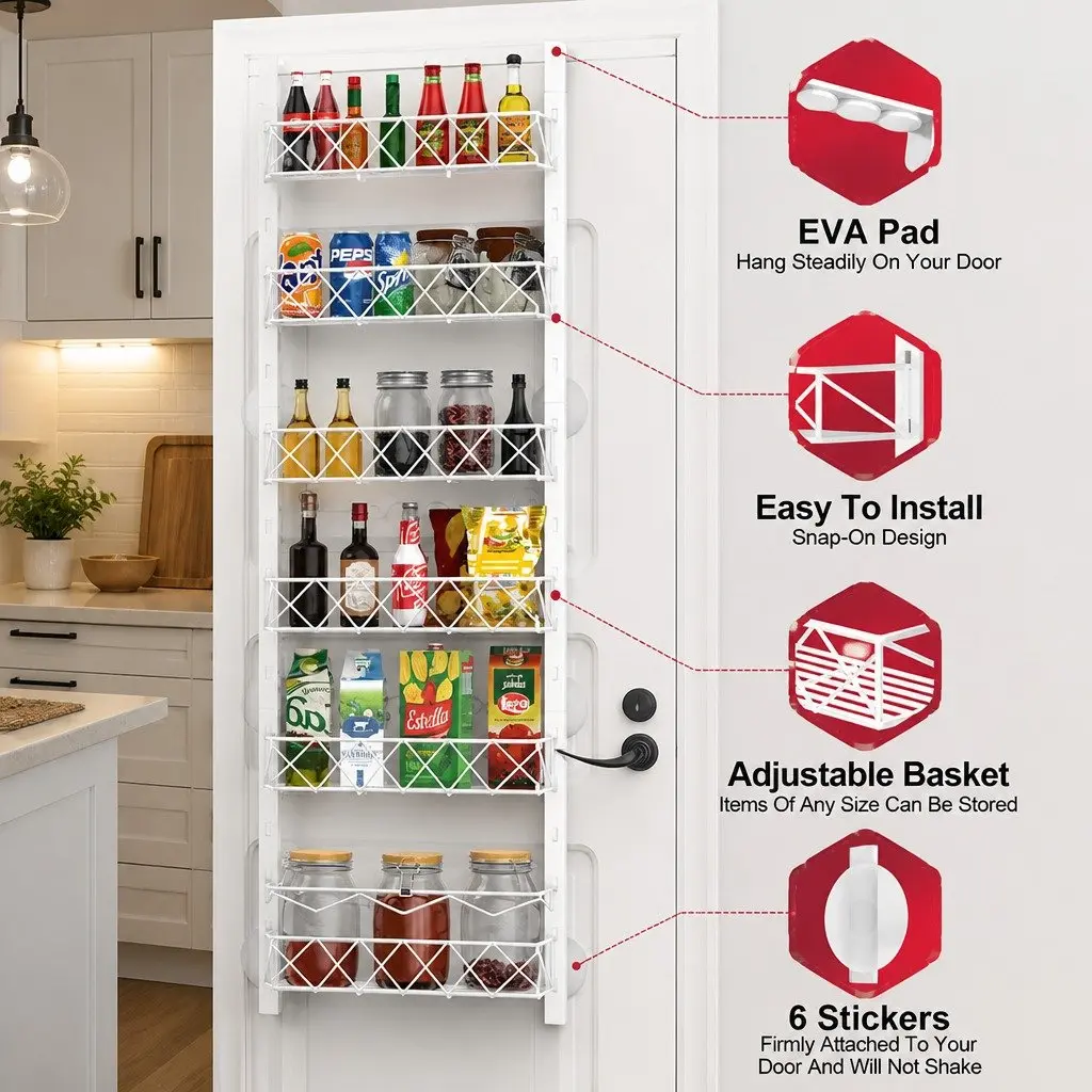 Over Door Pantry Organiser 6 Tier Adjustable Baskets Kitchen Storage Rack
