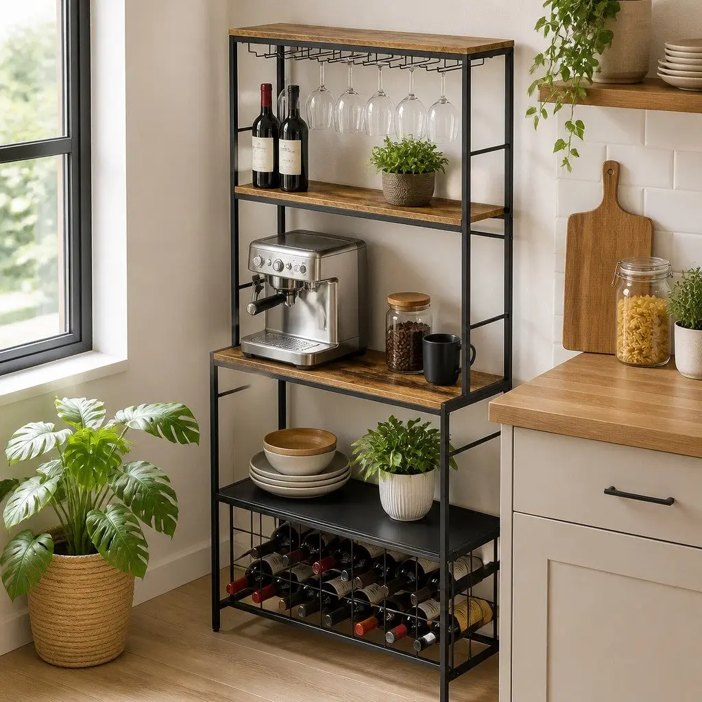 Wine Rack Freestanding Wood Countertop Metal Frame 20 Bottle Storage
