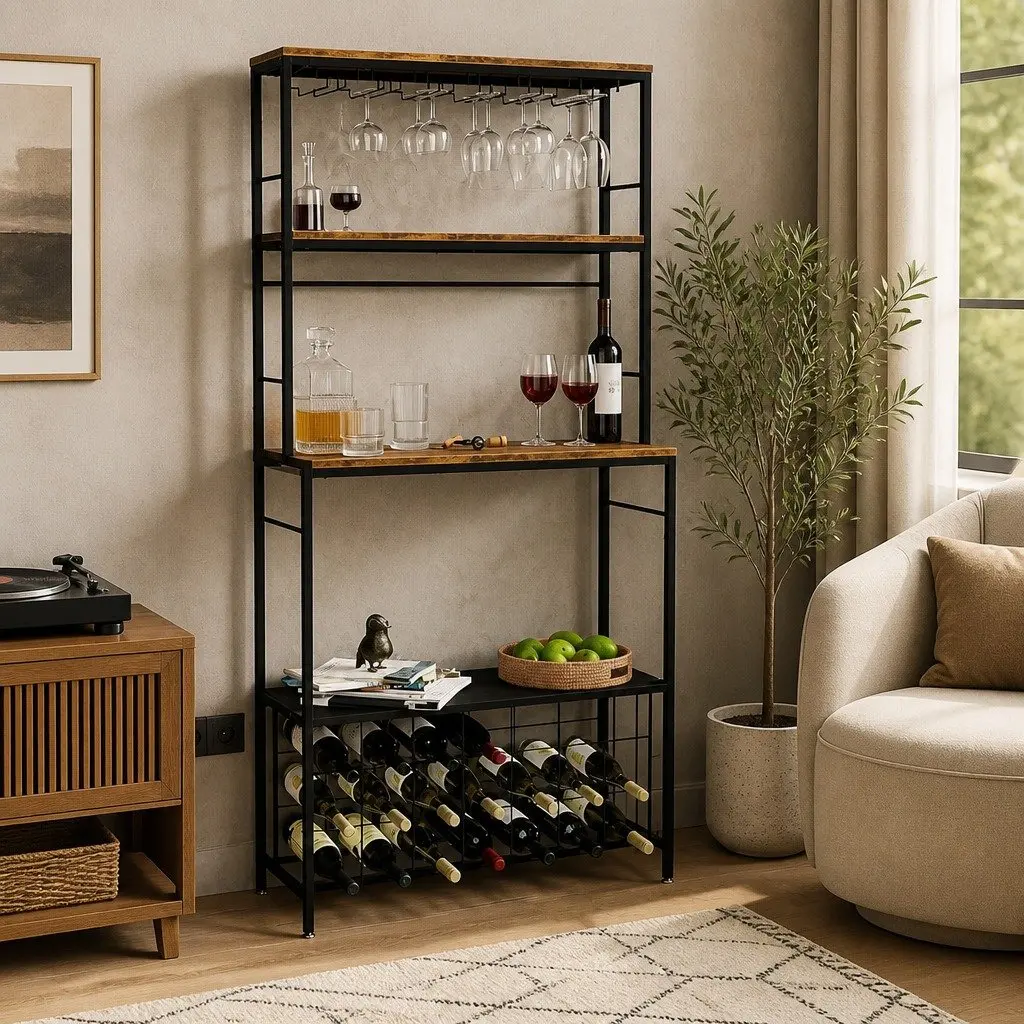 Wine Rack Freestanding Wood Countertop Metal Frame 20 Bottle Storage
