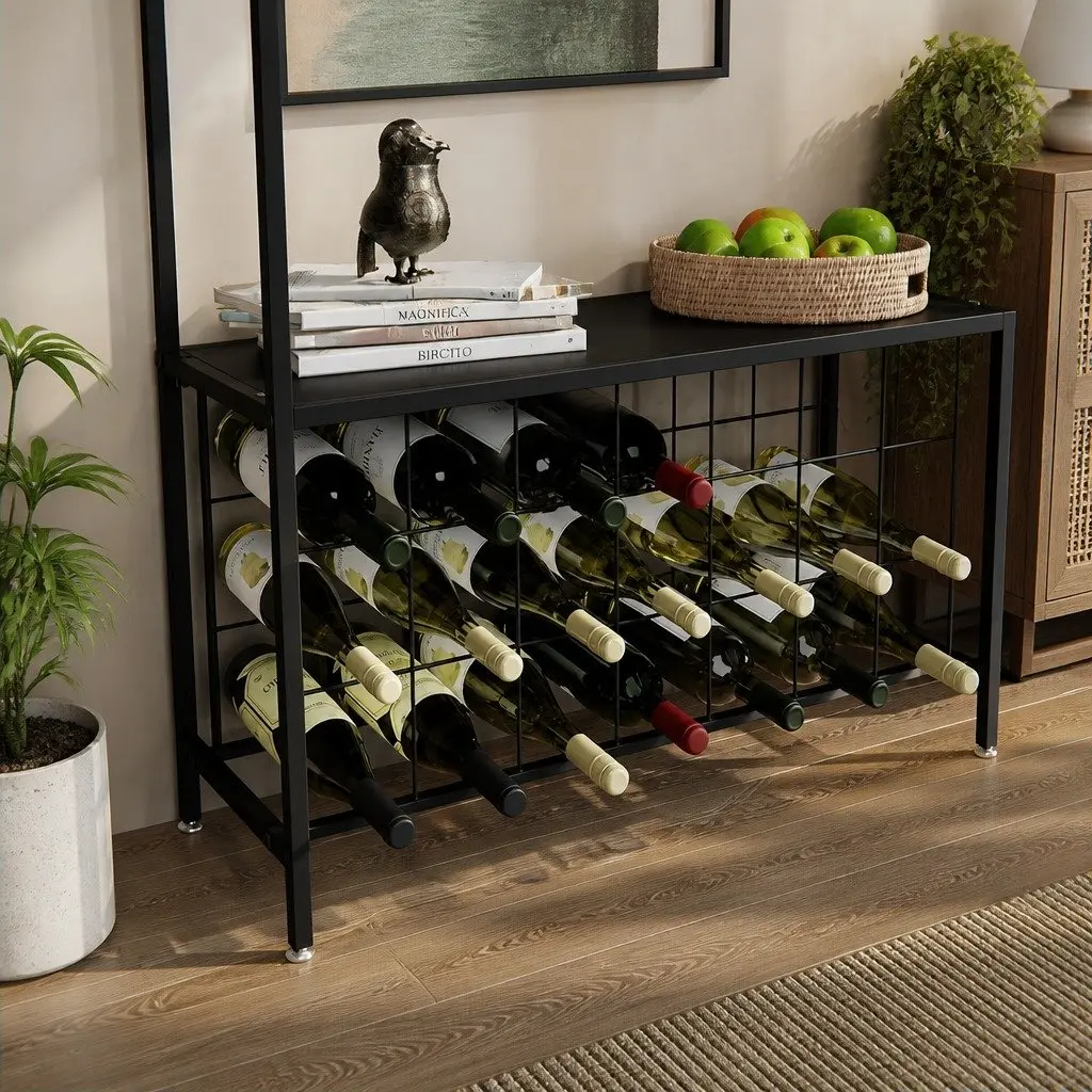 Wine Rack Freestanding Wood Countertop Metal Frame 20 Bottle Storage