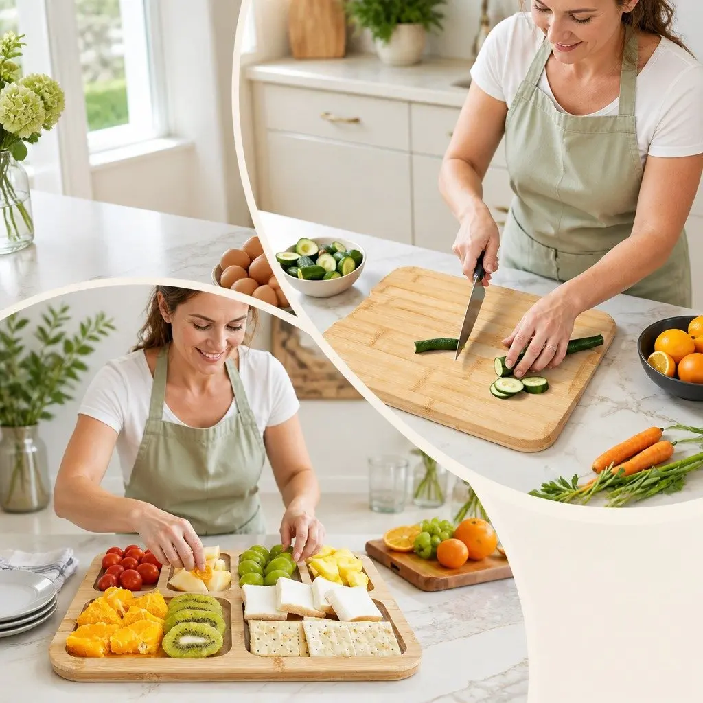 Bamboo Charcuterie Board Serving Tray with Lid Handle 6 Compartments Kitchen