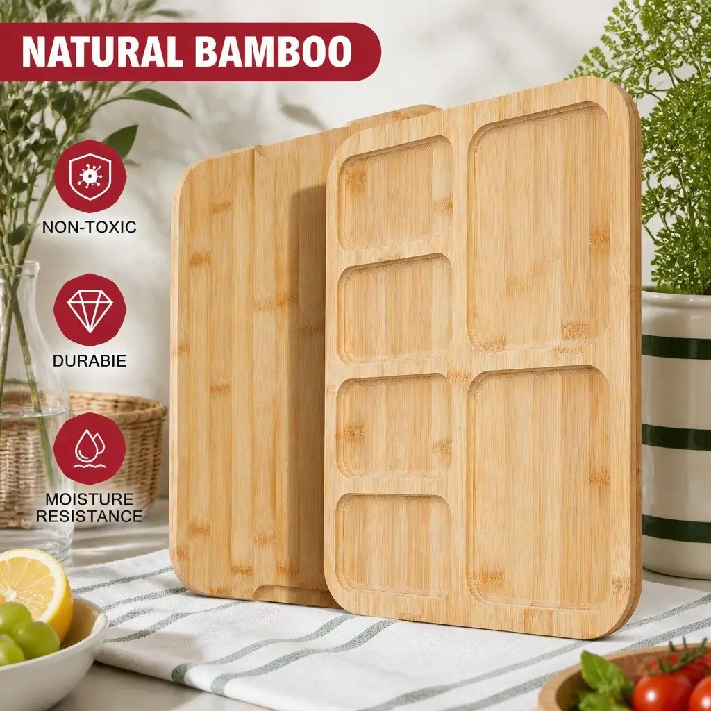 Bamboo Charcuterie Board Serving Tray with Lid Handle 6 Compartments Kitchen