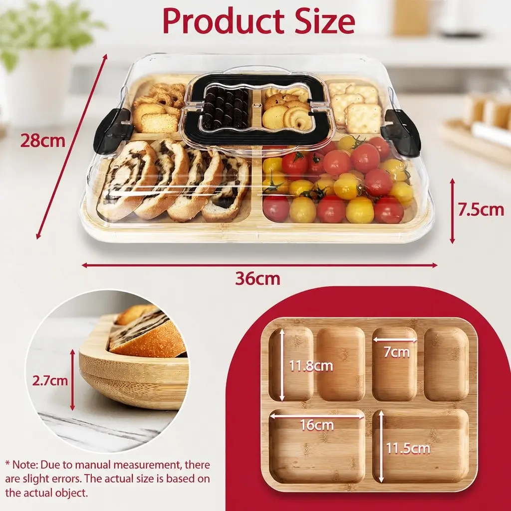 Bamboo Charcuterie Board Serving Tray with Lid Handle 6 Compartments Kitchen