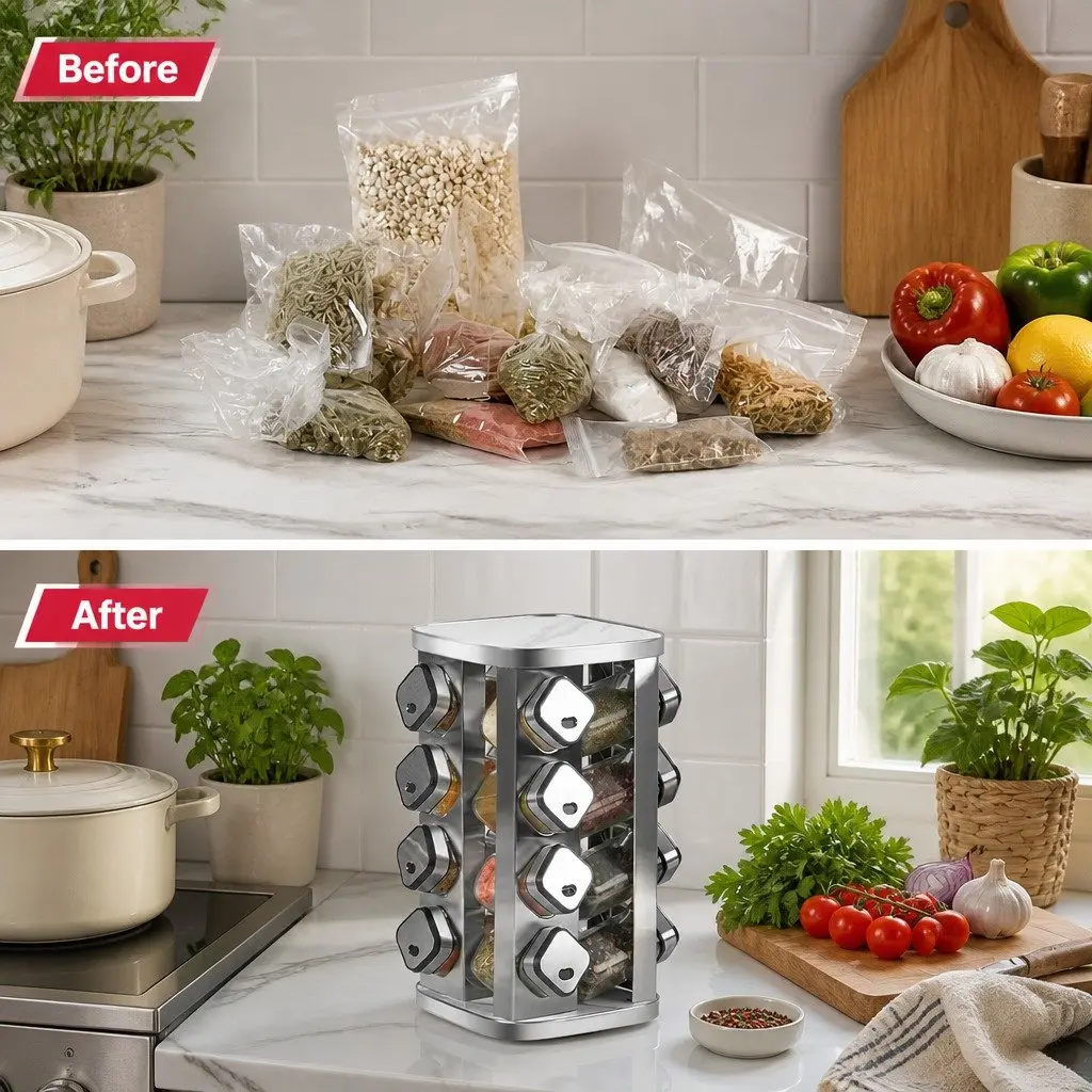 Rotating Spice Rack Organizer 20 Glass Jars 360 Degree Kitchen Countertop Storage