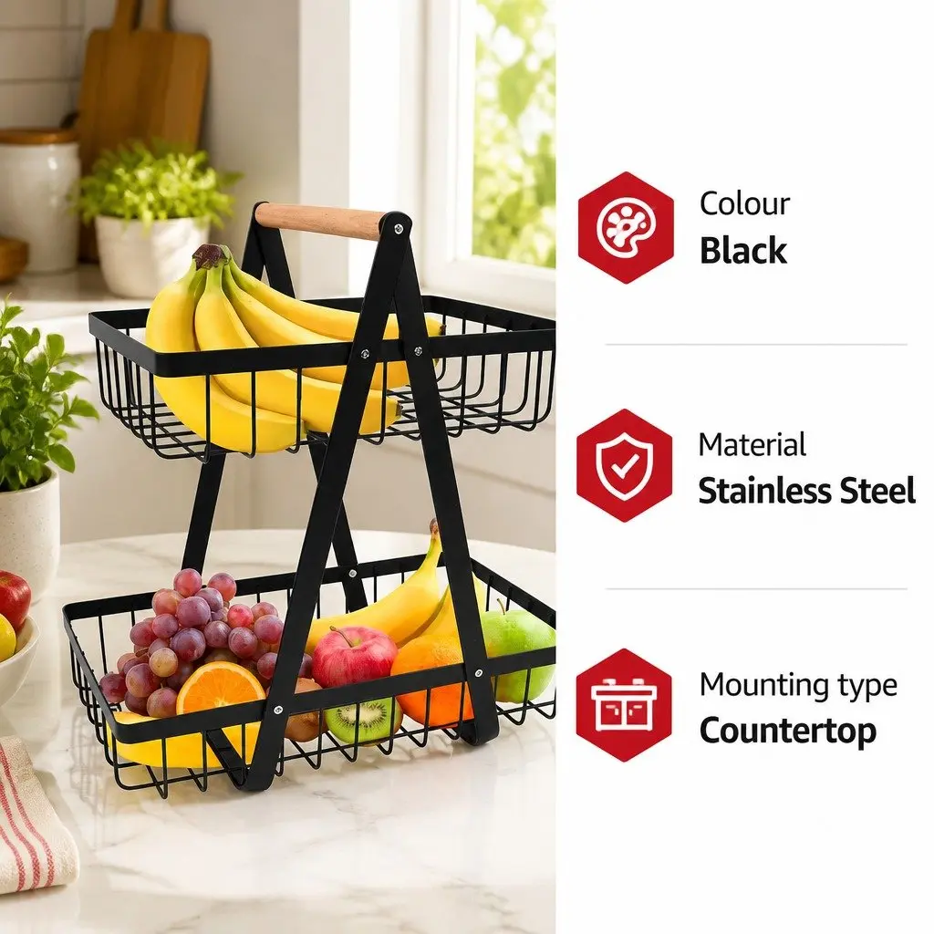2-Tier Fruit Basket Stand Kitchen Countertop Organizer Storage Wire Baskets