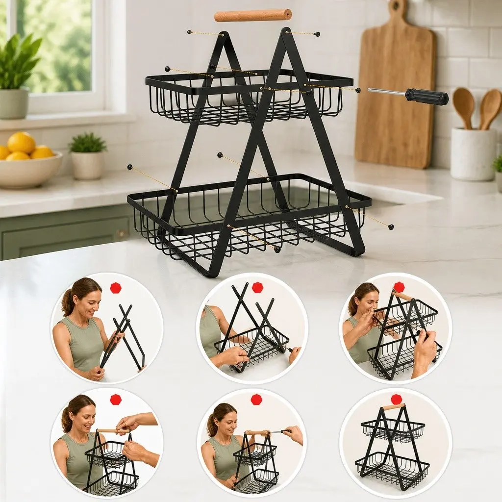 2-Tier Fruit Basket Stand Kitchen Countertop Organizer Storage Wire Baskets