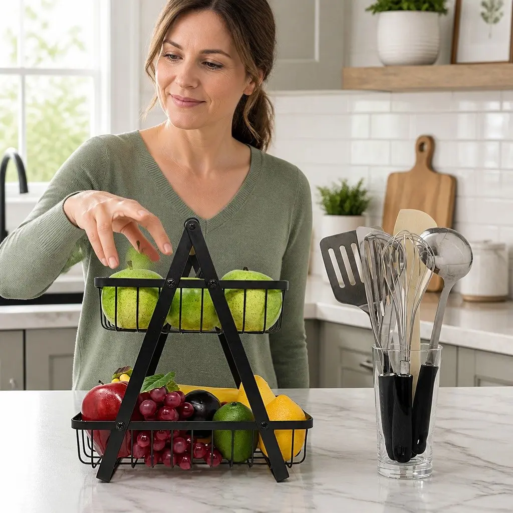 2-Tier Fruit Basket Stand Kitchen Countertop Organizer Storage Wire Baskets