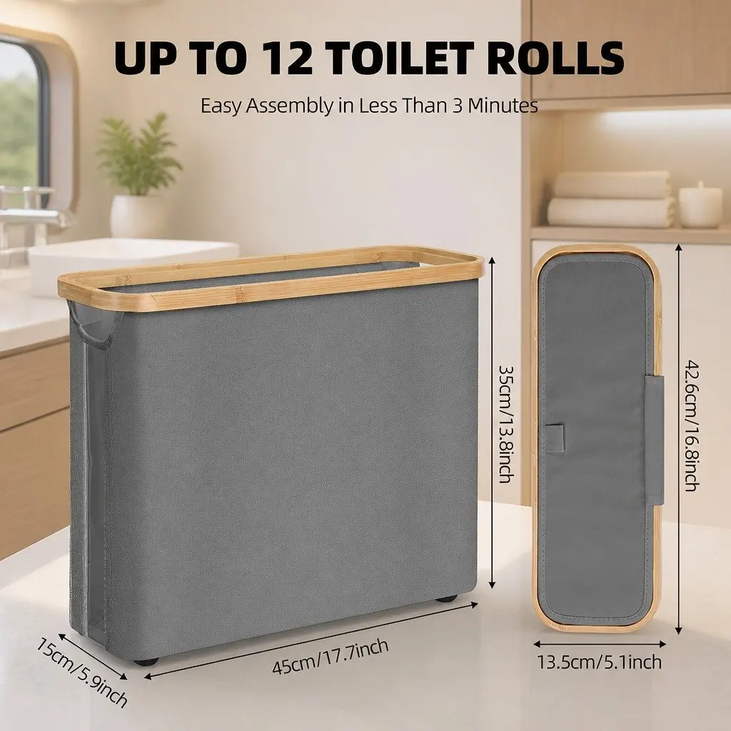 Toilet Paper Storage Basket Holds 12 Rolls Bamboo Lid Handle Organizer RV Closet