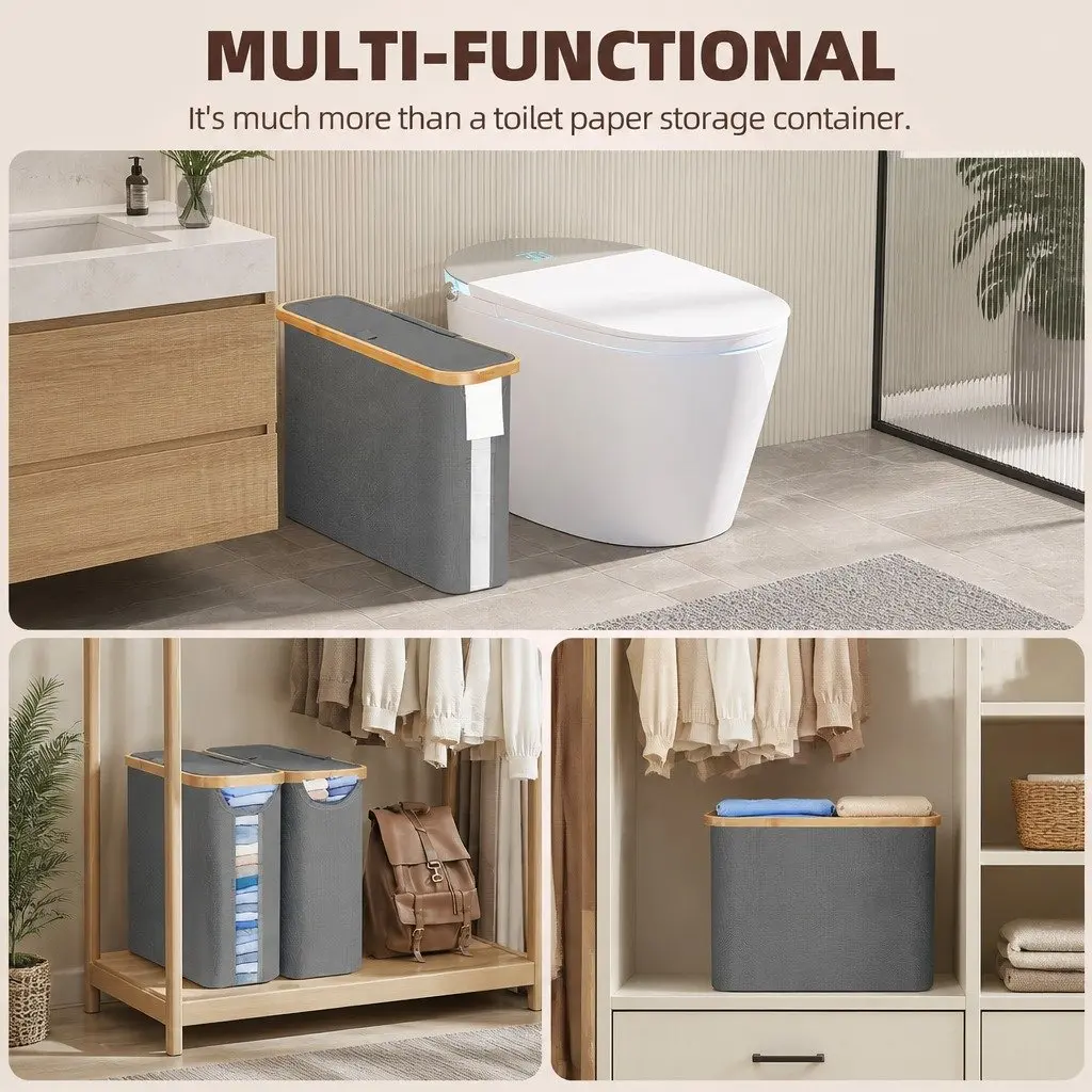 Toilet Paper Storage Basket Holds 12 Rolls Bamboo Lid Handle Organizer RV Closet