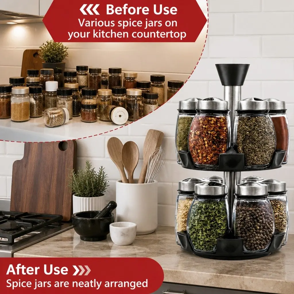 Rotating Spice Rack Organizer 16 Glass Jars Kitchen Countertop Storage