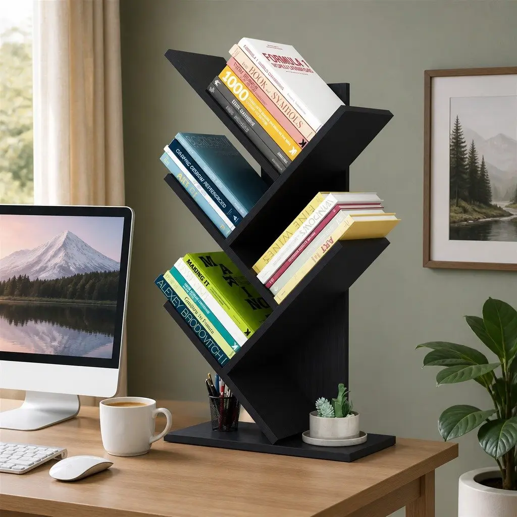 5-Tier Tree Bookshelf Compact Vertical Storage Rack for Home Office Bedroom Display Organizer Unit
