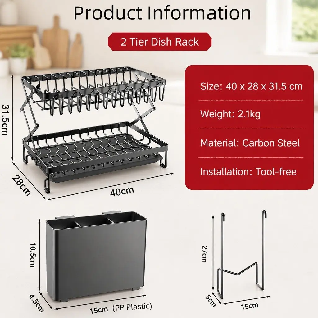 2-Tier Dish Drying Rack with Drainage Tray Black Carbon Steel