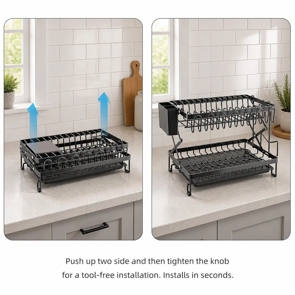 2-Tier Dish Drying Rack with Drainage Tray Black Carbon Steel