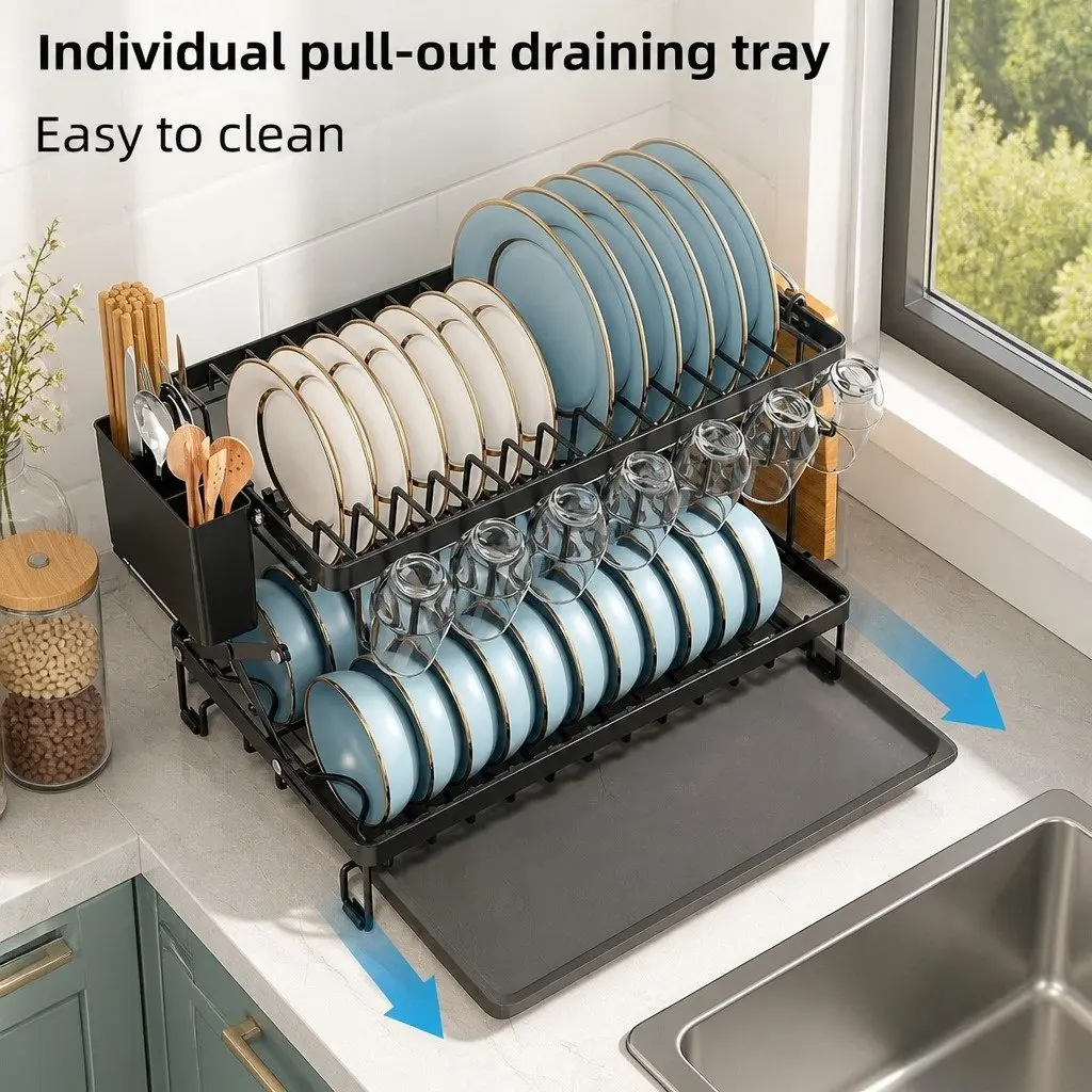 2-Tier Dish Drying Rack with Drainage Tray Black Carbon Steel