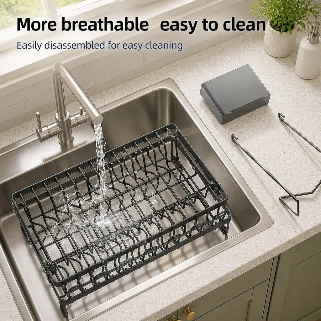2-Tier Dish Drying Rack with Drainage Tray Black Carbon Steel