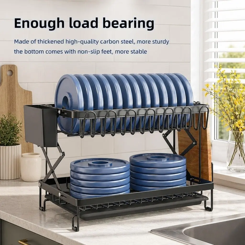2-Tier Dish Drying Rack with Drainage Tray Black Carbon Steel