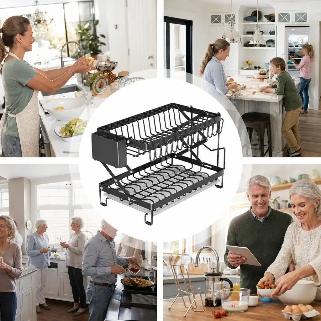 2-Tier Dish Drying Rack with Drainage Tray Black Carbon Steel