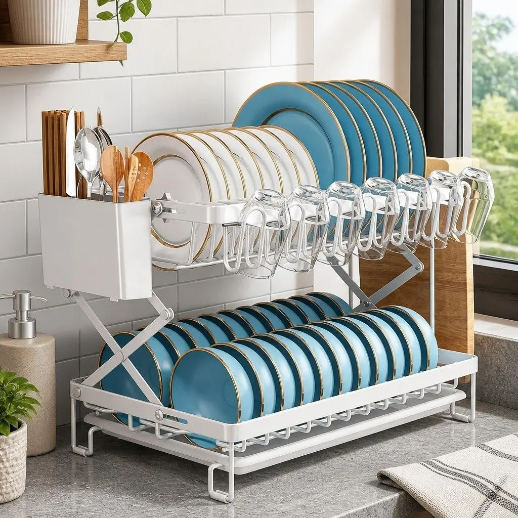 2-Tier Dish Drying Rack Large Capacity with Drainage Tray Utensil Holder Cup Hooks